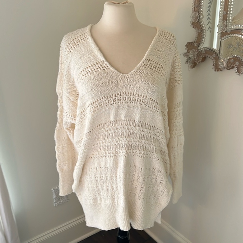 Free People Cream Open-Knit V-Neck Pullover